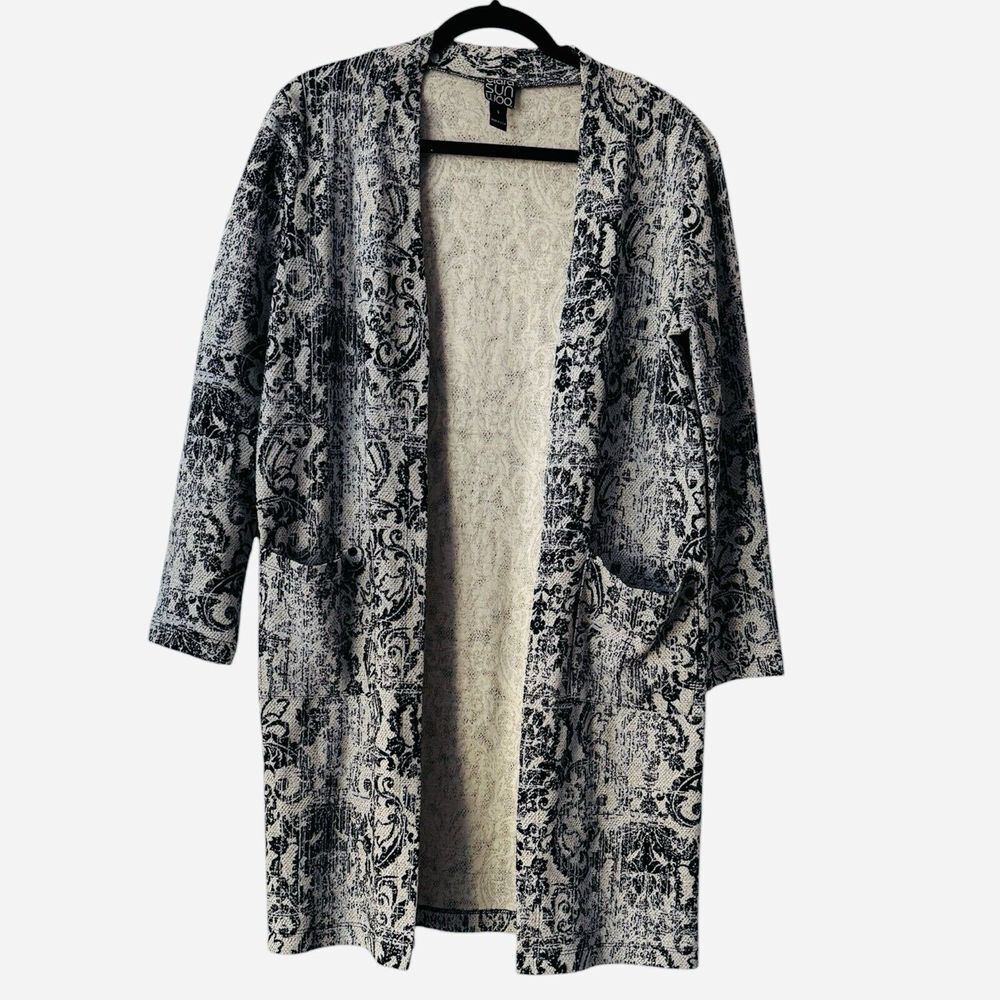 Clara Sun Woo Scroll Filigree Long Open Front Cardigan